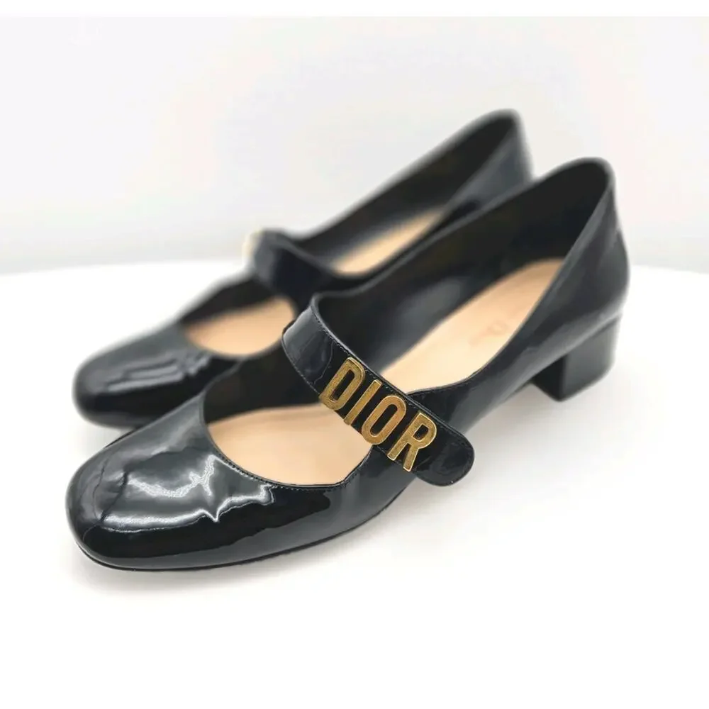 DIOR Baby D Mary Jane Ballet Pumps Black Patent Leather Gold Logo sz 39.5